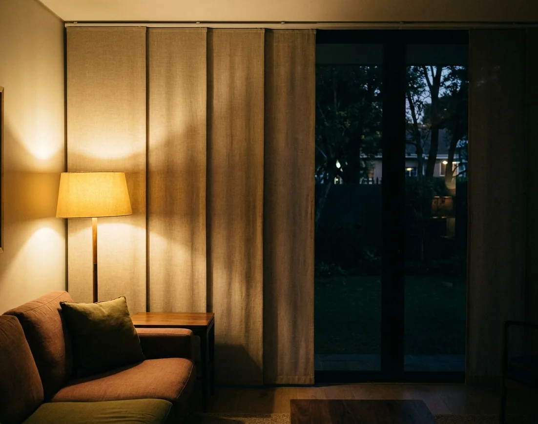 Wide linen panel vanes on a ceiling track drawn across a garden-facing sliding door in a Parktown North lounge after sunset