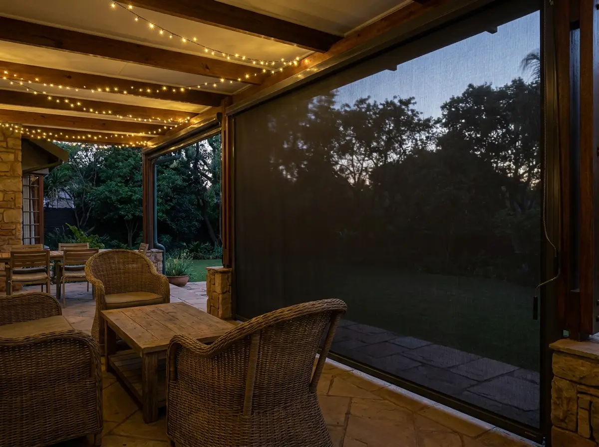 A charcoal zip-track screen run right down the open side of a covered Parktown North patio at dusk, string lights along the beams inside